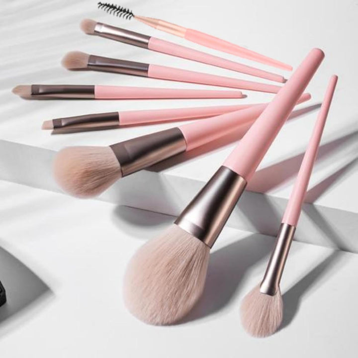 Nova Glam Essentials 8-Piece Travel Makeup Brush Set - Mini Portable Brush Kit with Pink Case for Foundation, Eyeshadow & Contour