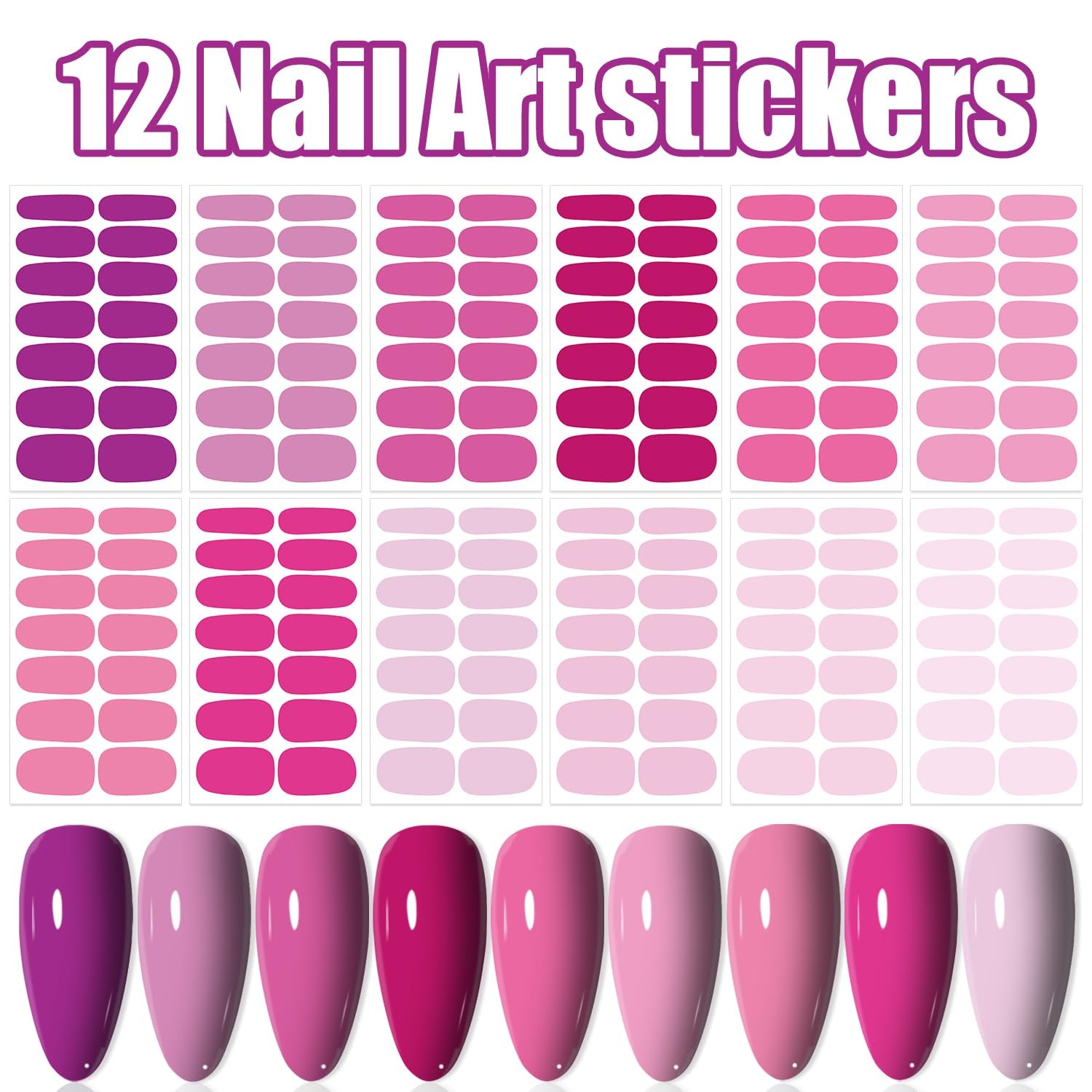 12 Sheets Pink Series Nail Stickers Full Nail Wraps for Women Girls Solid Nail Stickers Decals Gel Nail Strips for Women Girls Stick on Nails Polish Stickers Gel Nail Stickers Strips