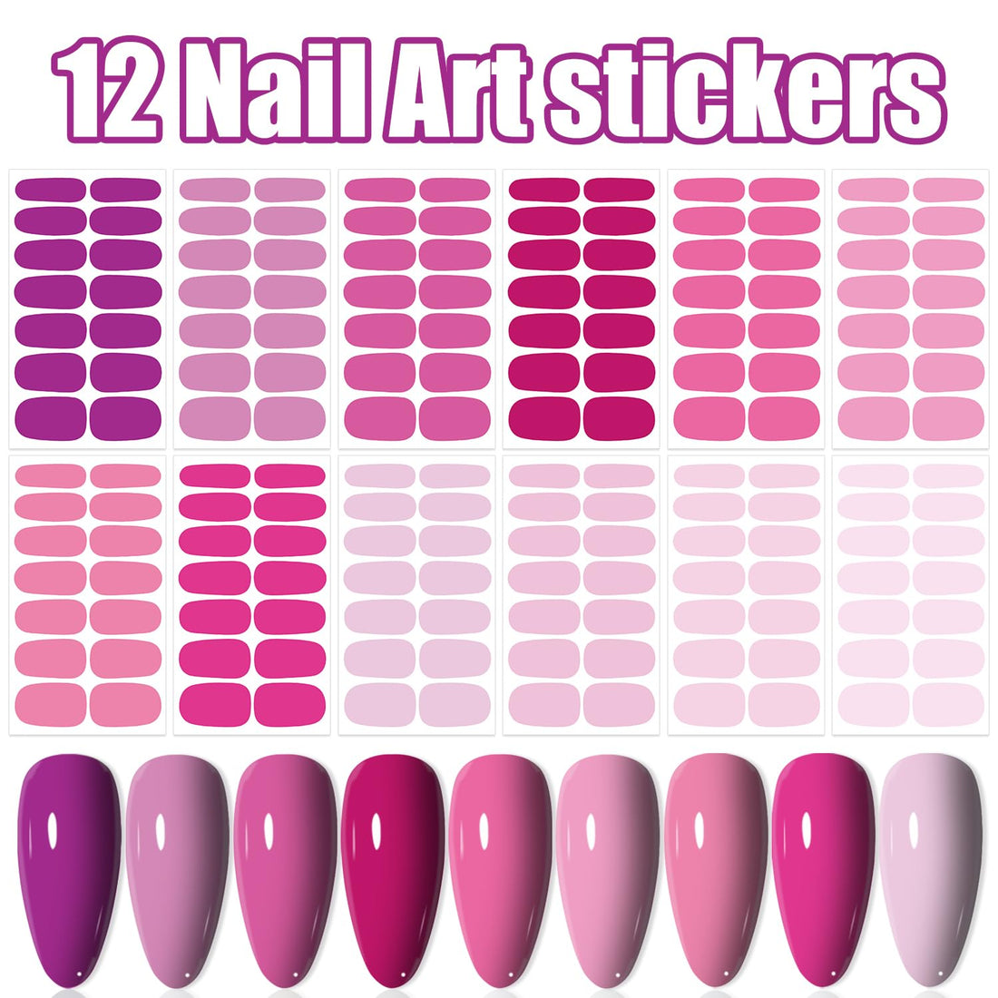 12 Sheets Pink Series Nail Stickers Full Nail Wraps for Women Girls Solid Nail Stickers Decals Gel Nail Strips for Women Girls Stick on Nails Polish Stickers Gel Nail Stickers Strips