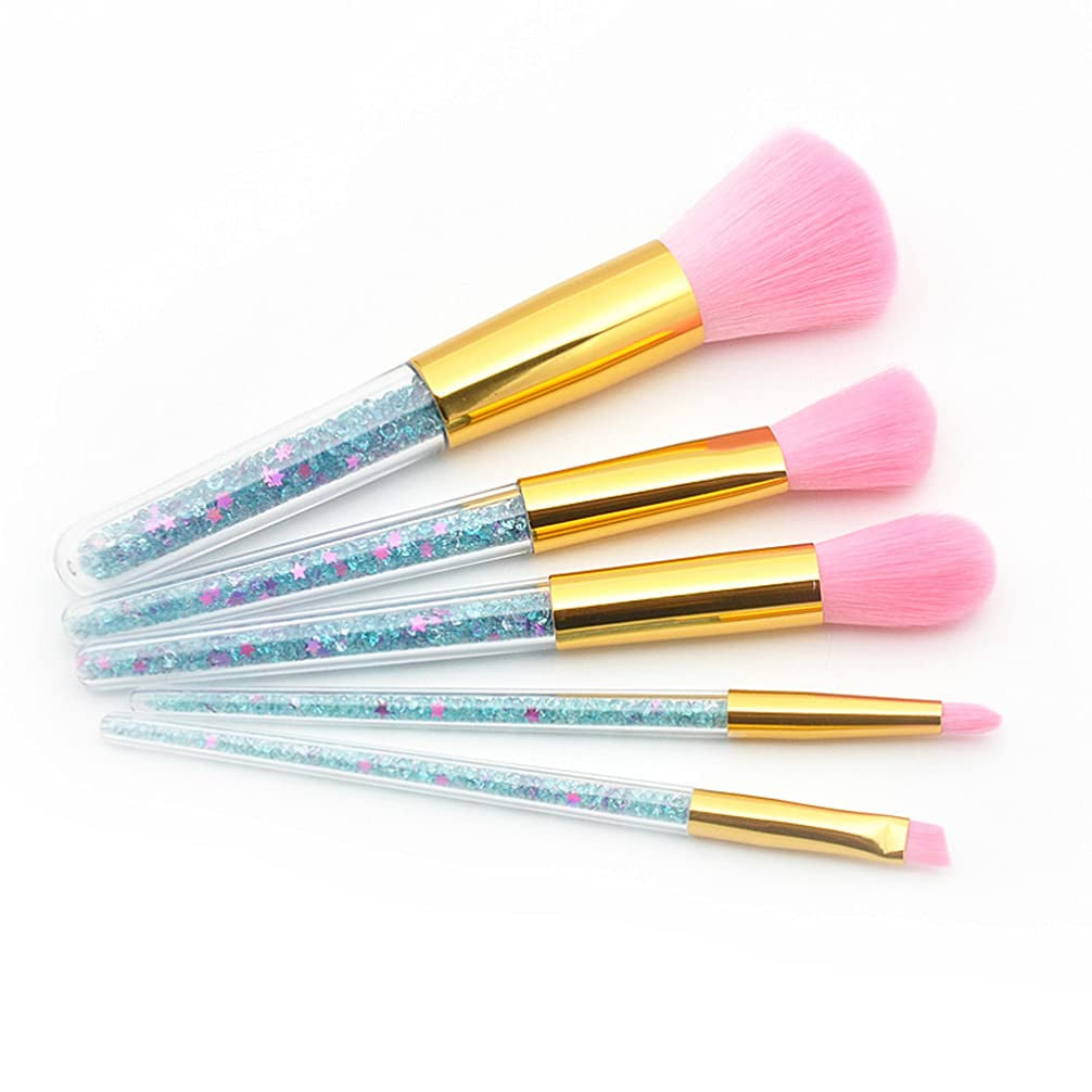 Nova Glam Essentials 5-Piece Makeup Brush Set - Transparent Handle with Shimmer Particles for Foundation, Blush & Eyeshadow 