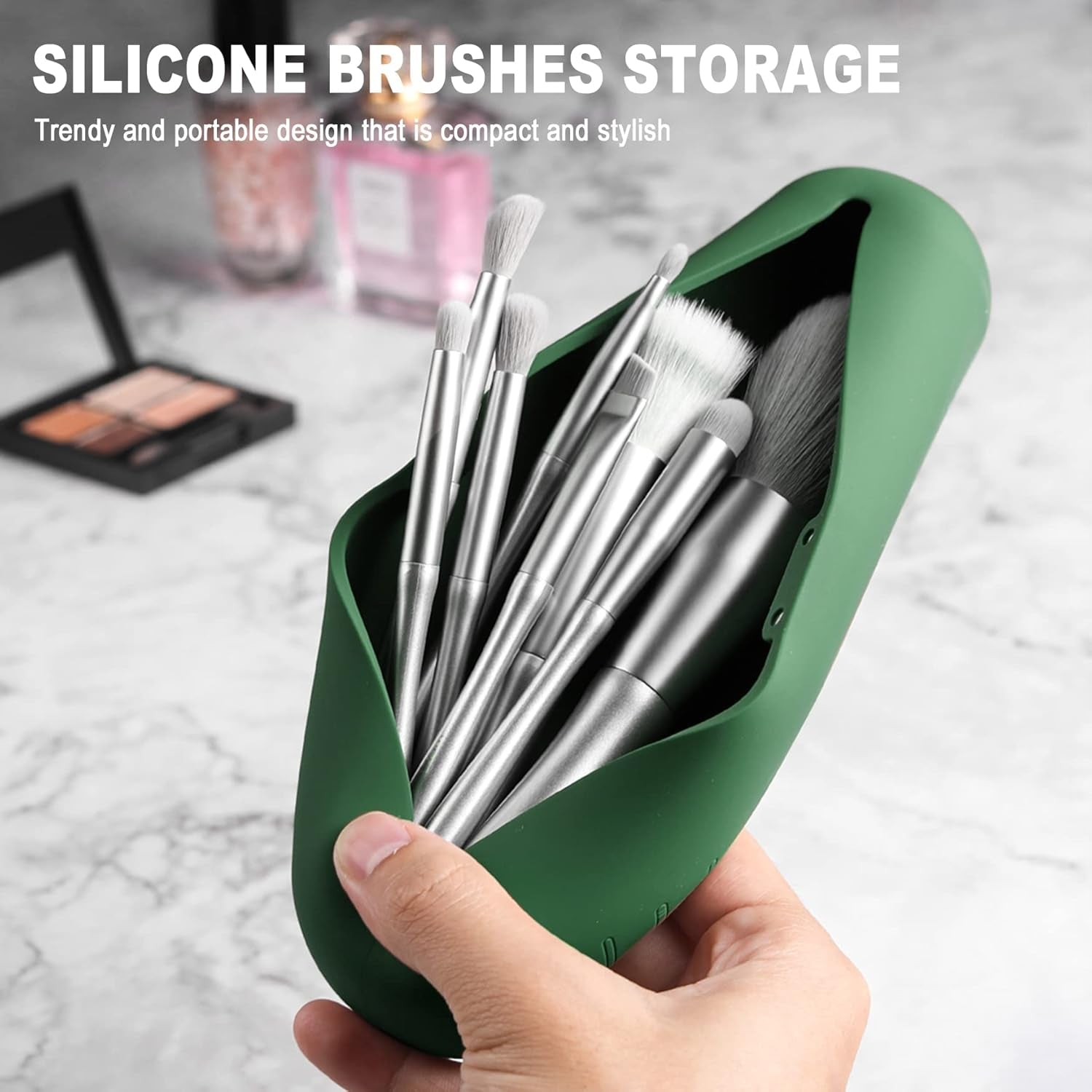 Nova Glam Essentials Silicone Makeup Brush Holder - Travel Case with Magnetic Closure for 4-6 Brushes (Eco-Friendly Green)