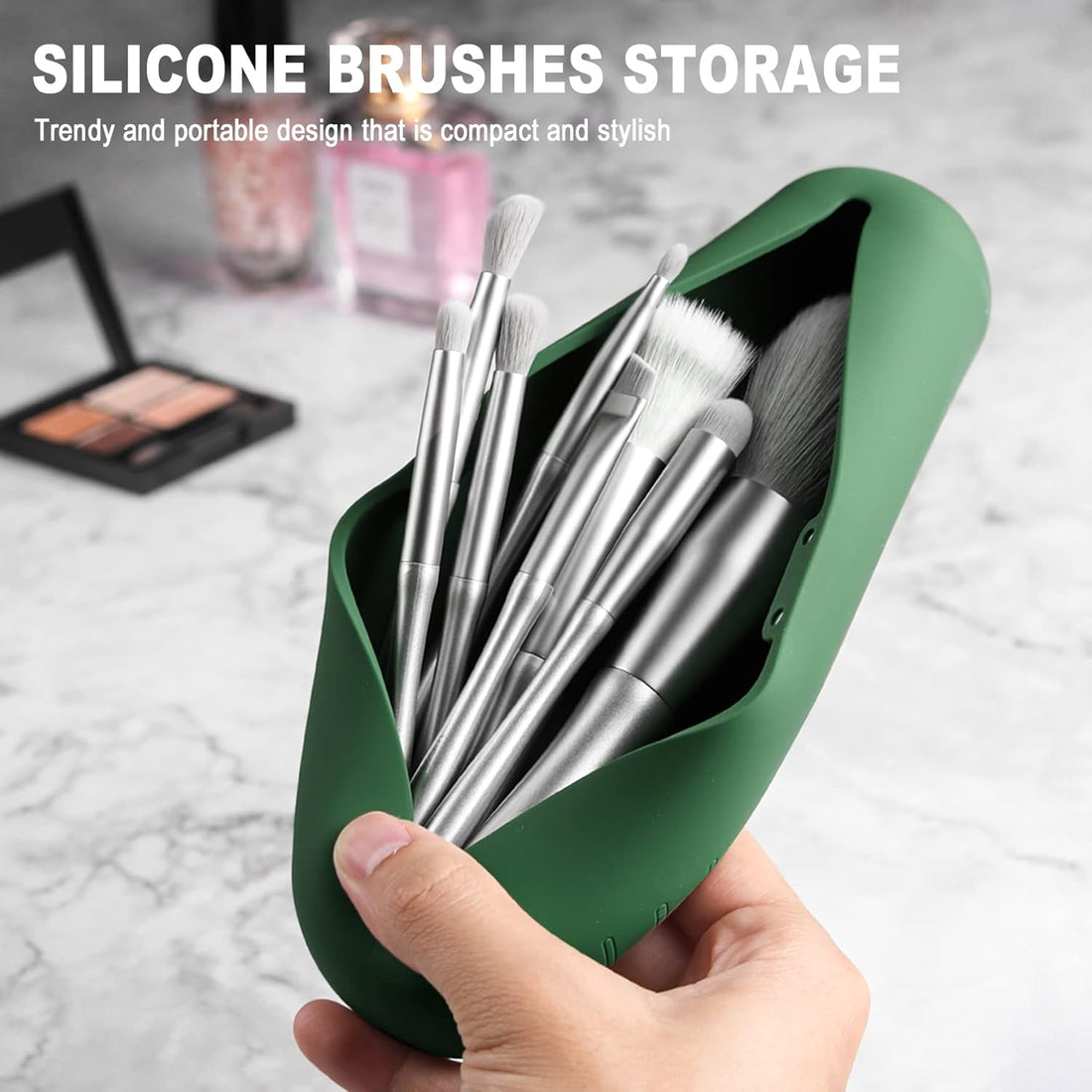Nova Glam Essentials Silicone Makeup Brush Holder - Travel Case with Magnetic Closure for 4-6 Brushes (Eco-Friendly Green)