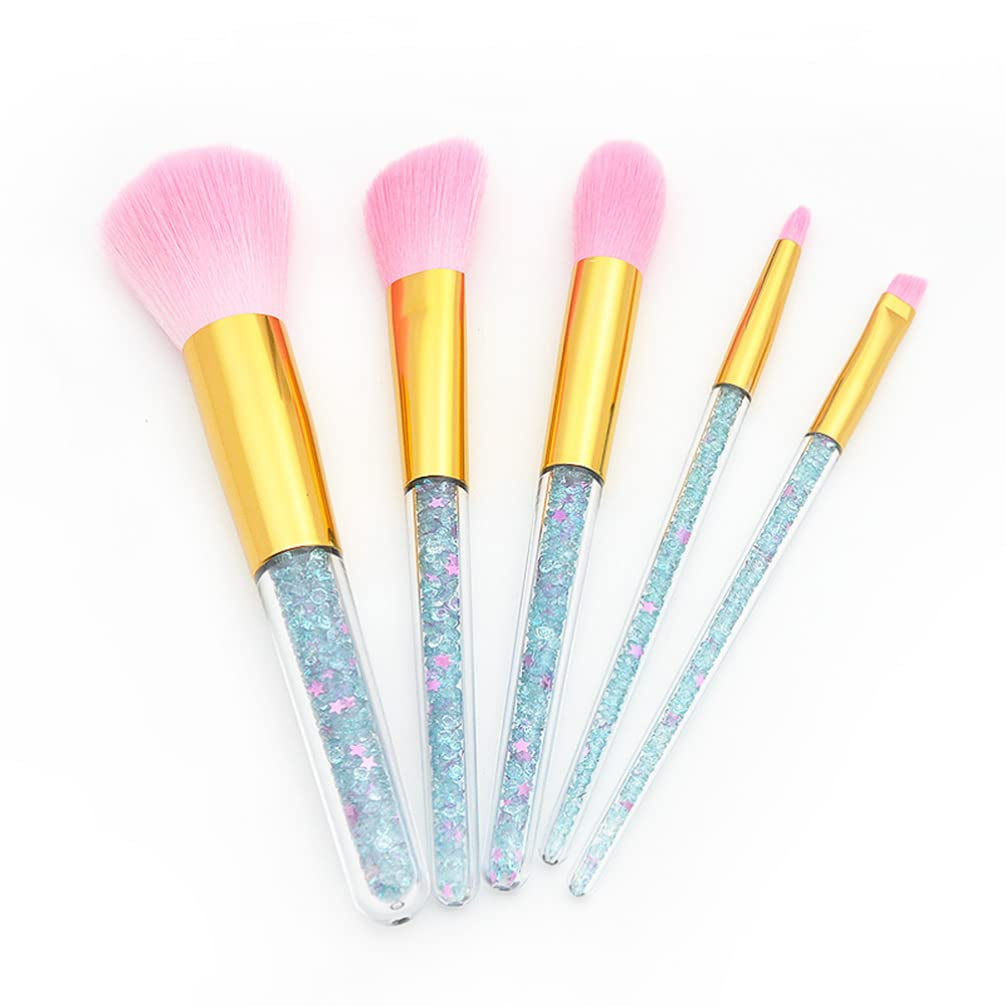 Nova Glam Essentials 5-Piece Makeup Brush Set - Transparent Handle with Shimmer Particles for Foundation, Blush & Eyeshadow 
