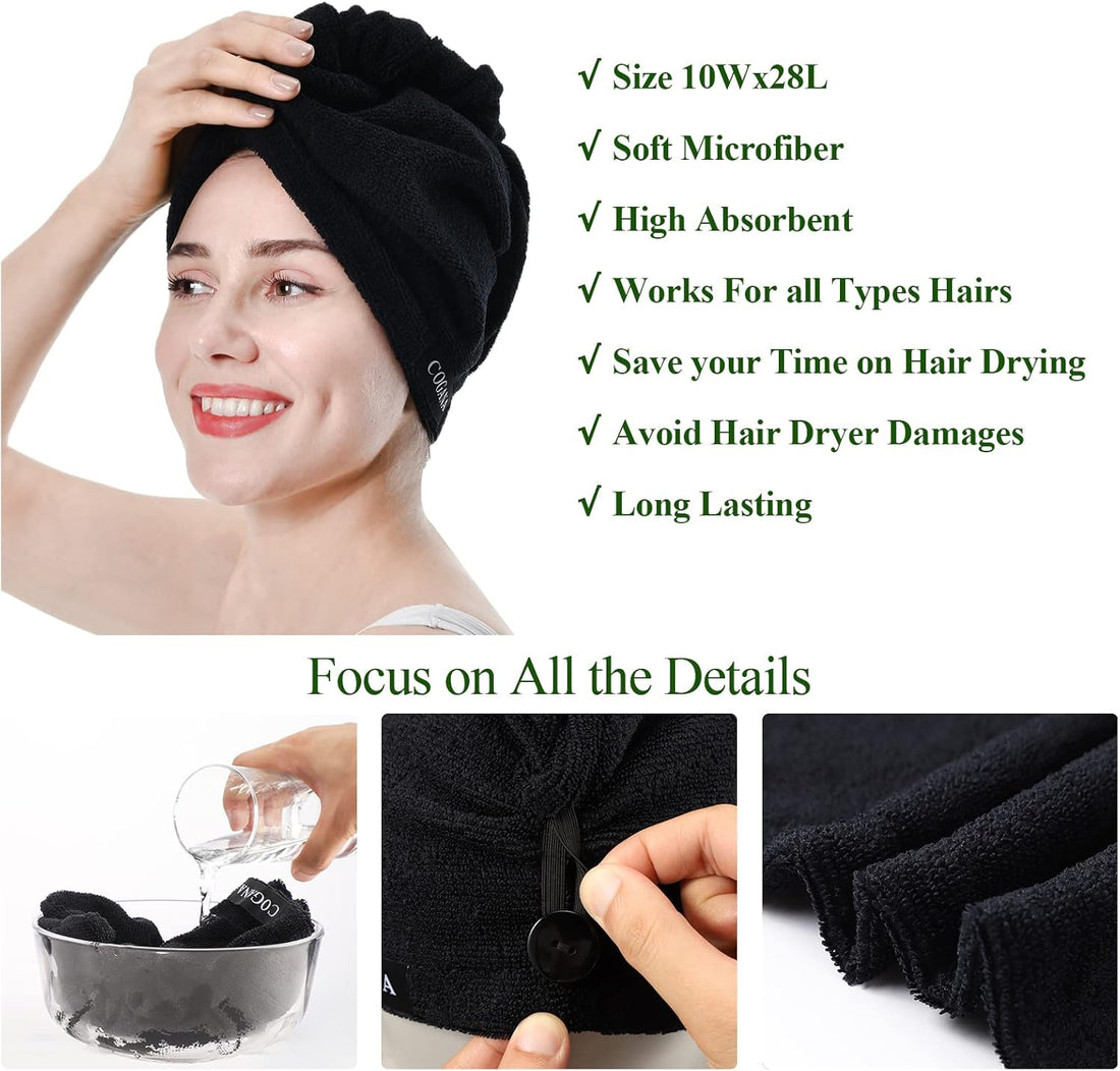 Nova Glam Essentials 2-Pack Microfiber Hair Towel Set - Hair Turban Wrap for Curly Hair with Button Closure
