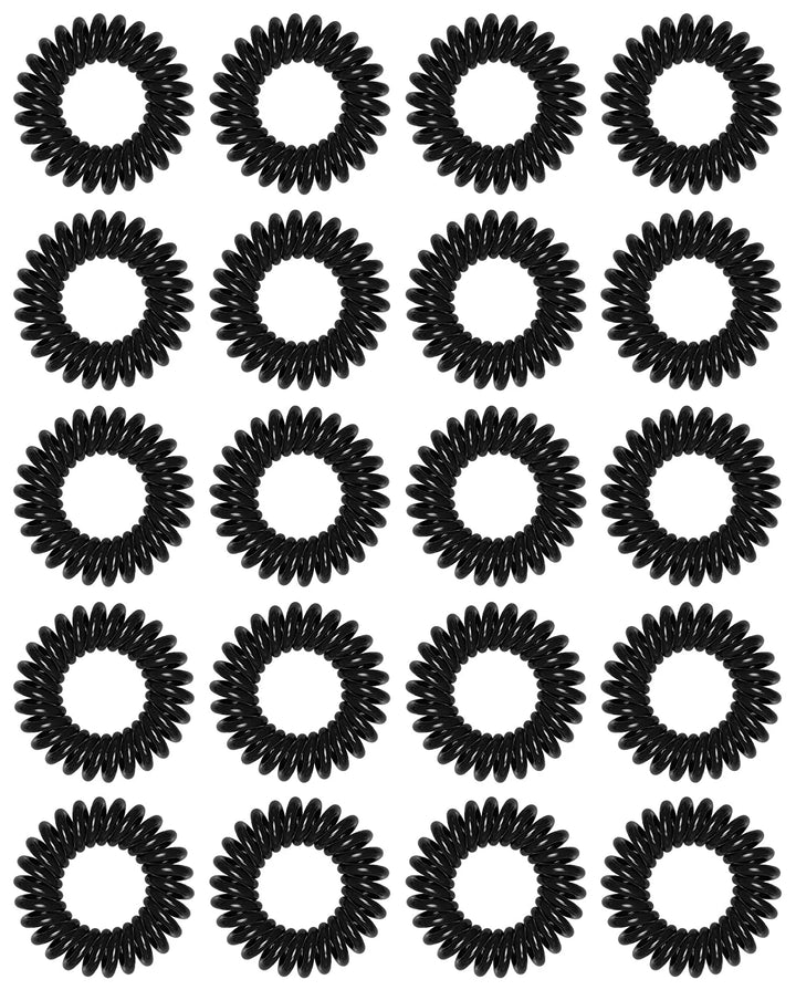 Nova Glam Essentials 20-Piece Black Spiral Hair Ties - No Damage Coil Elastics for All Hair Types (No Crease, Phone Cord Style)
