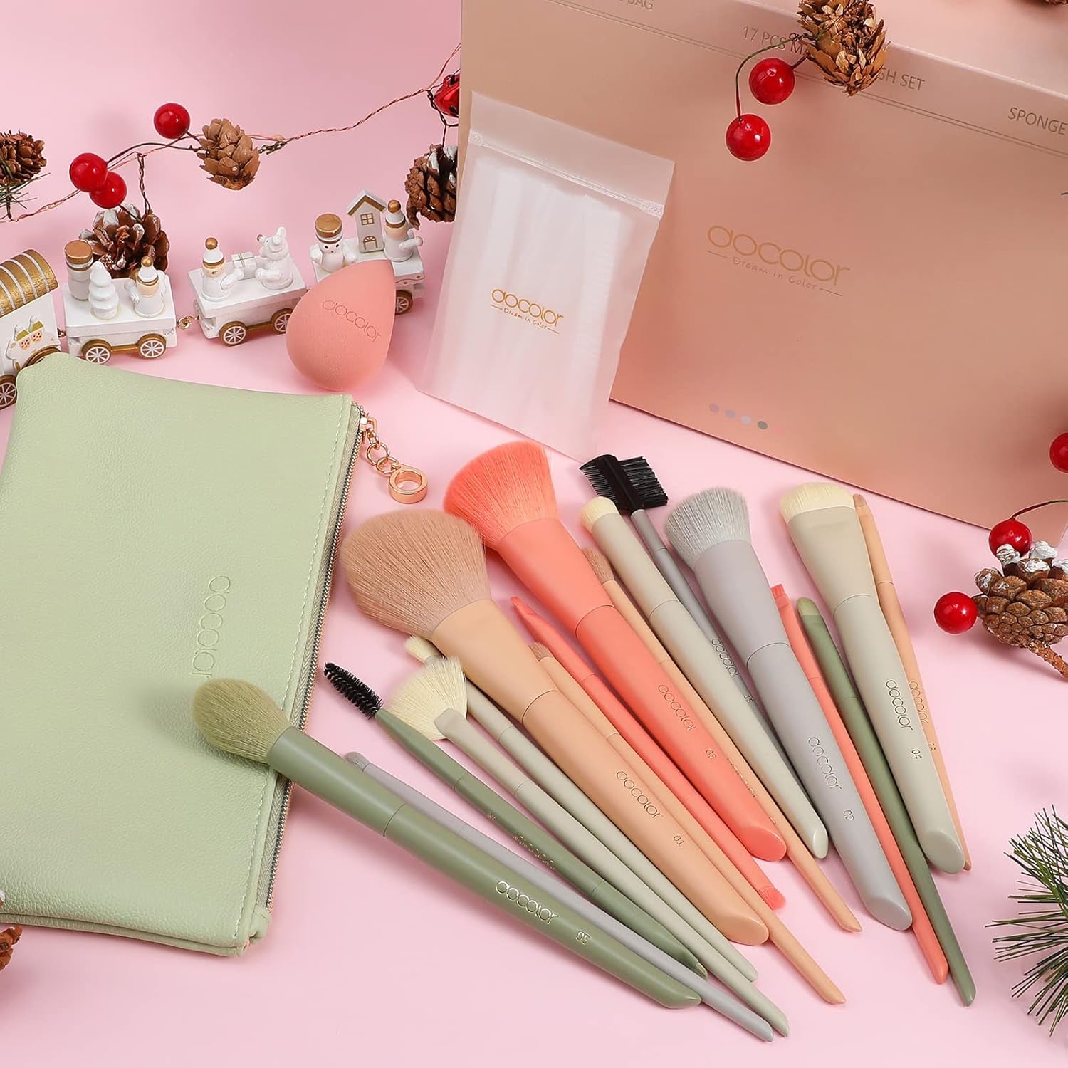 Nova Glam Essentials 17-Piece Morandi Makeup Brush Set - Premium Synthetic Brushes with Makeup Bag, Sponge & Eyelash Comb (Complete Professional Kit)