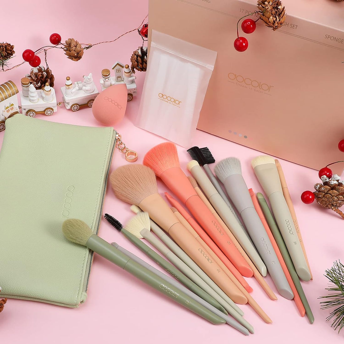 Nova Glam Essentials 17-Piece Morandi Makeup Brush Set - Premium Synthetic Brushes with Makeup Bag, Sponge & Eyelash Comb (Complete Professional Kit)