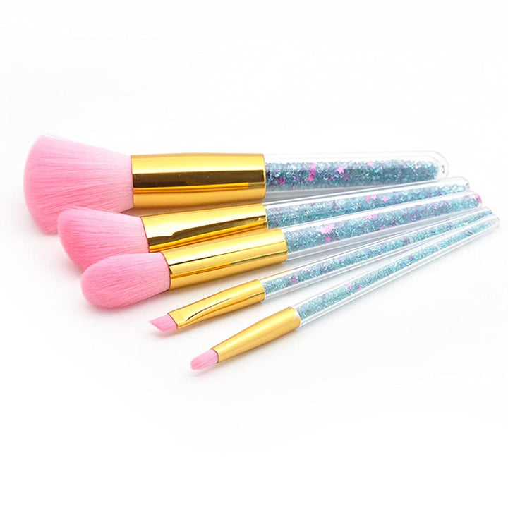 Nova Glam Essentials 5-Piece Makeup Brush Set - Transparent Handle with Shimmer Particles for Foundation, Blush & Eyeshadow 