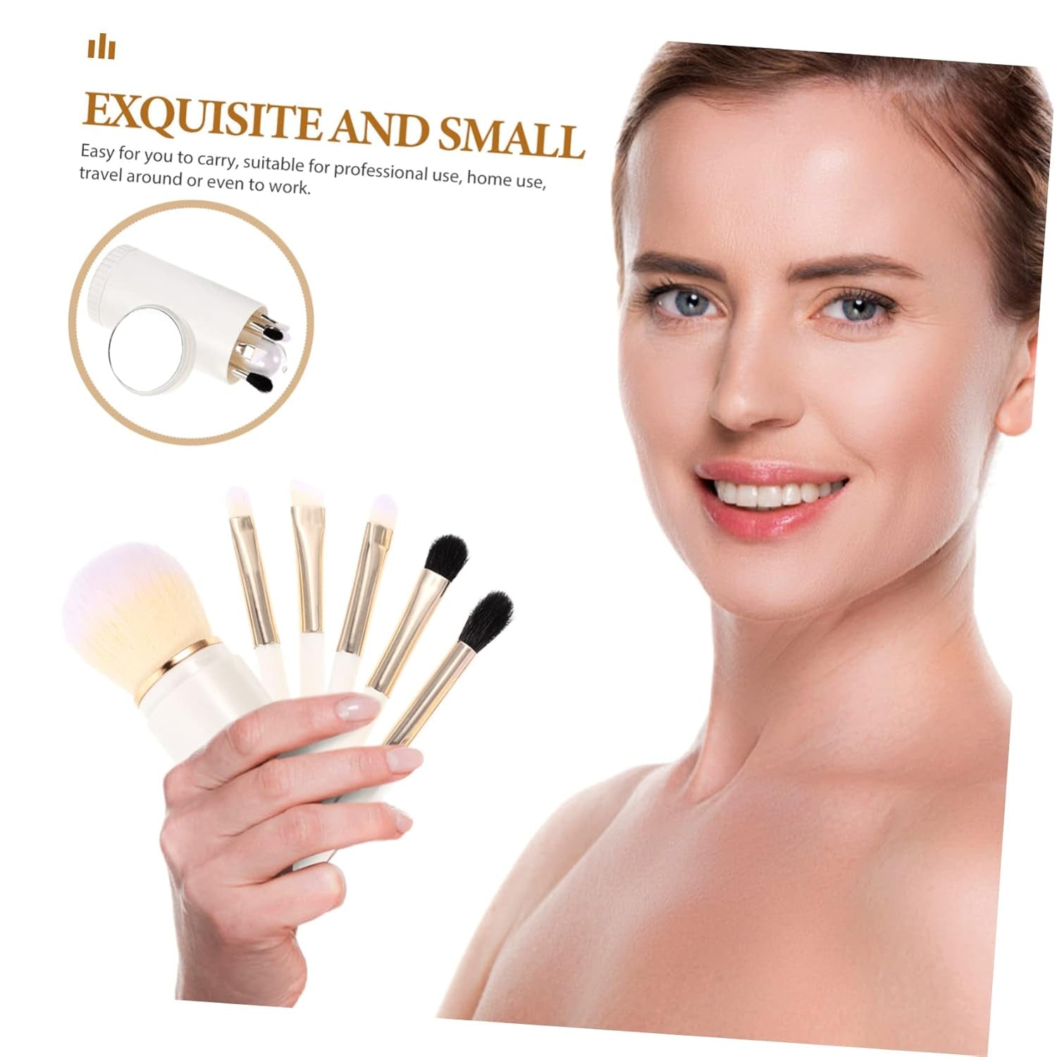 Nova Glam Essentials 6-Piece Travel Makeup Brush Set - Portable Mirror Case with Foundation & Eyeshadow Brushes (Nano Fiber Bristles)