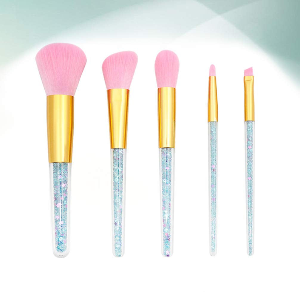 Nova Glam Essentials 5-Piece Makeup Brush Set - Transparent Handle with Shimmer Particles for Foundation, Blush & Eyeshadow 
