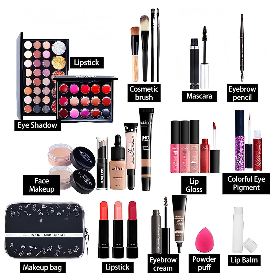Comprehensive 27-Piece Makeup Kit for Women Featuring Eyebrow Pencil, Eyeliner, Eyeshadow, Mascara, Foundation, Concealer, Lip Gloss, Lipstick, and Brushes (Mkit-04)
