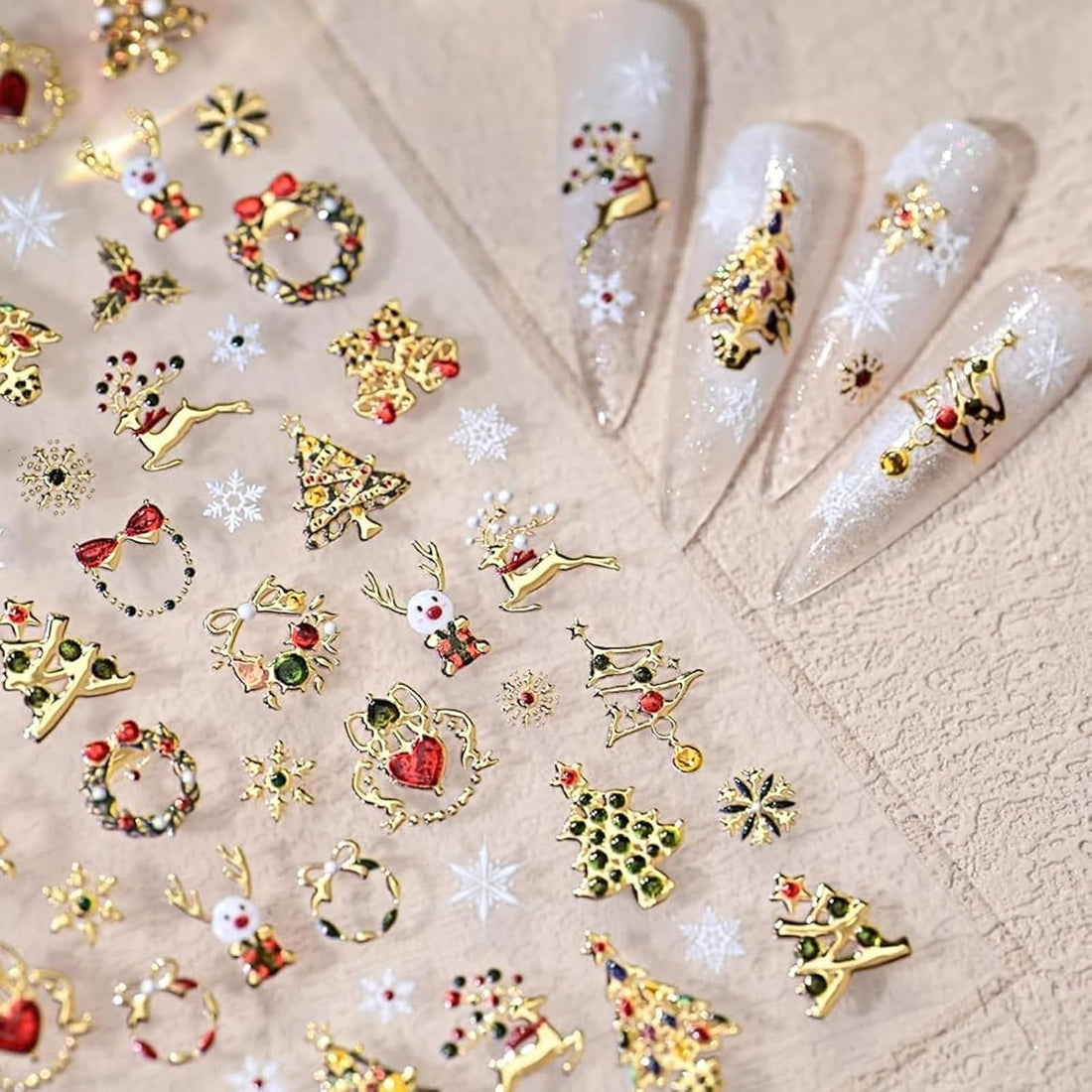 Christmas Nail Art Stickers 5D Embossed Shiny Gold Xmas Tree Nail Stickers Elk Wreath Snowflake Nail Decals for Women Girls Winter Holiday Manicure DIY Nail Supplies