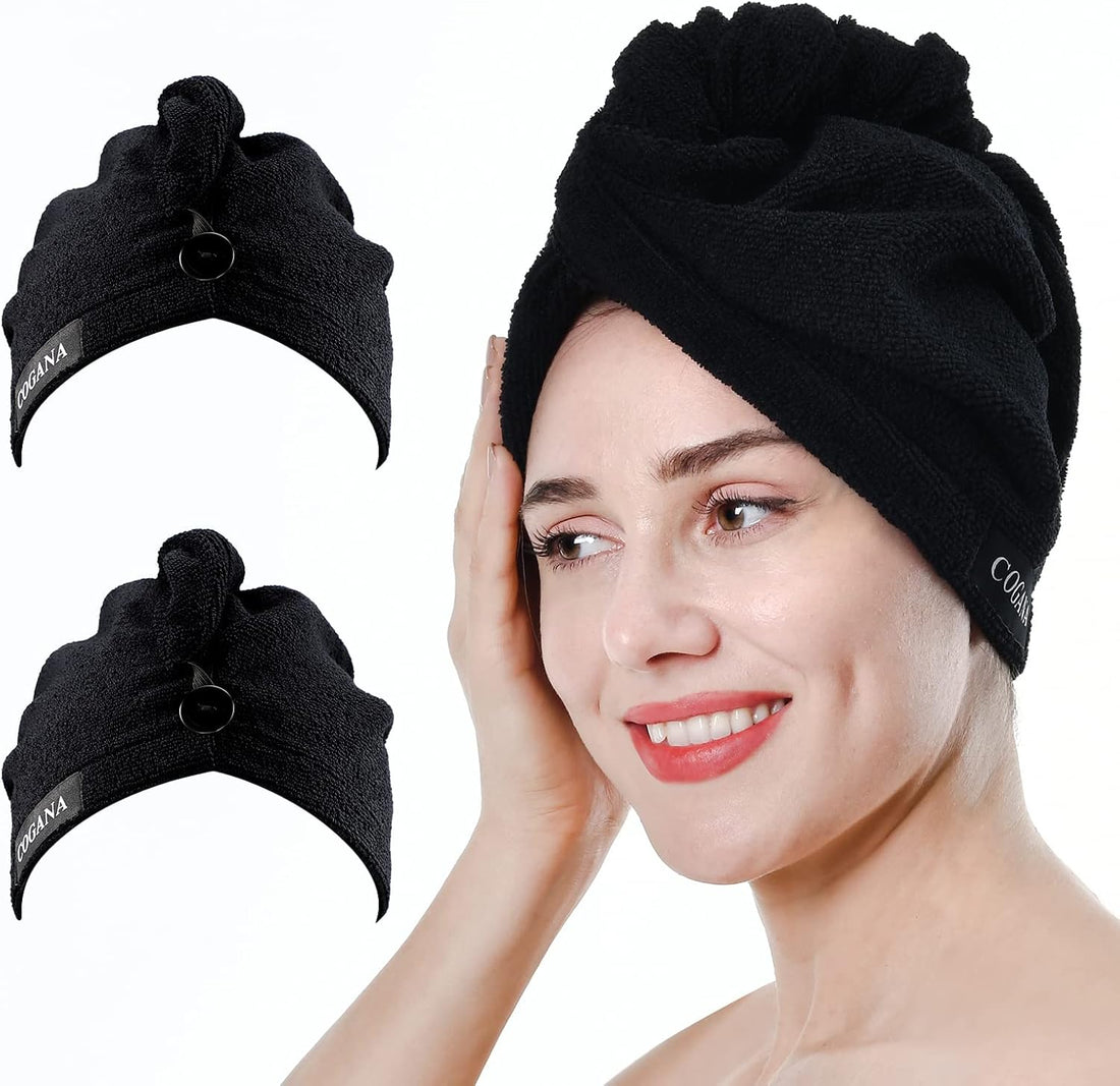Nova Glam Essentials 2-Pack Microfiber Hair Towel Set - Hair Turban Wrap for Curly Hair with Button Closure