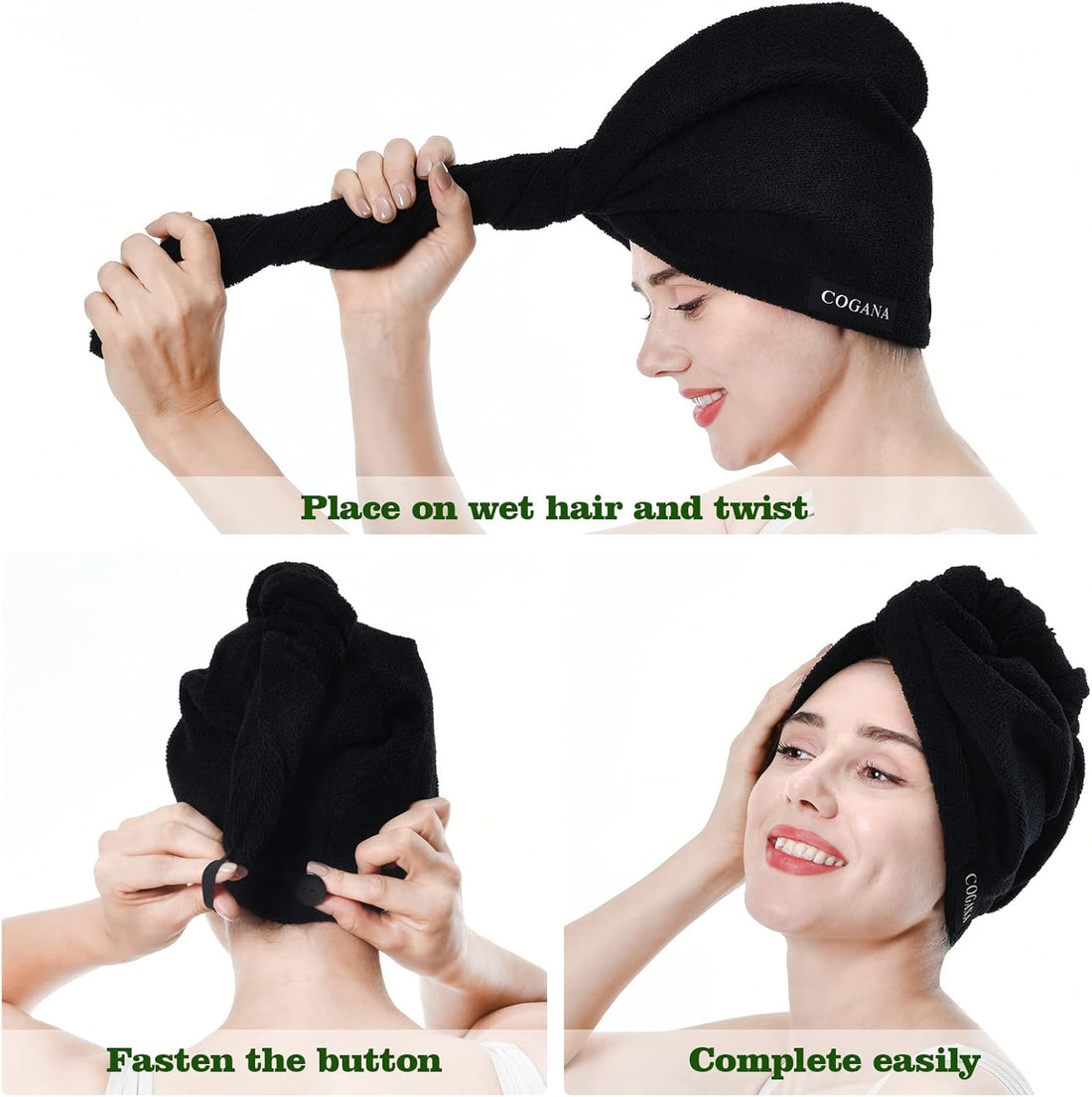 Nova Glam Essentials 2-Pack Microfiber Hair Towel Set - Hair Turban Wrap for Curly Hair with Button Closure