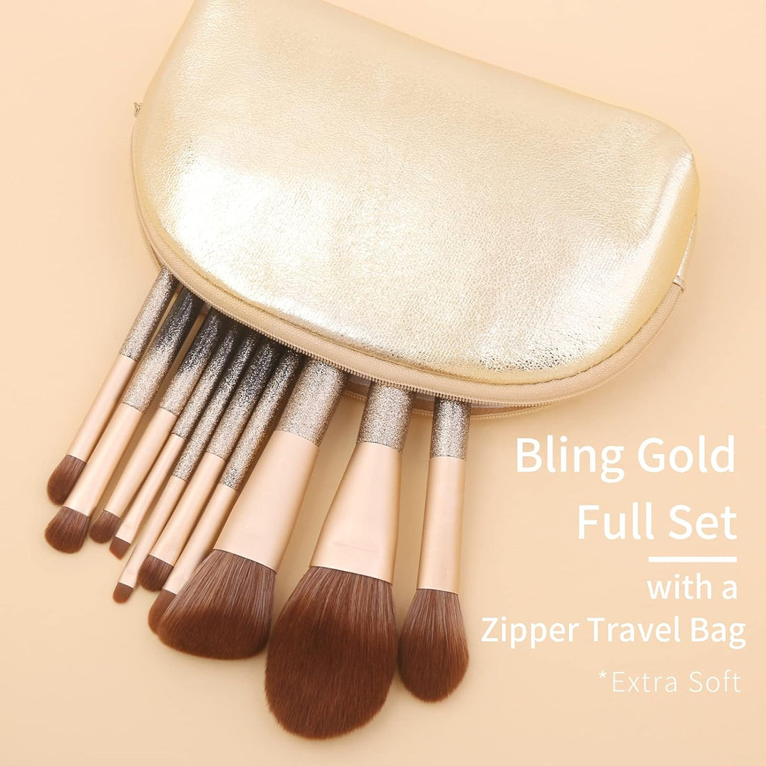 Nova Glam Essentials Professional Makeup Brush Set - Natural Sable Hair Brushes with Bling Glitter Handles & Gold Ferrules (Luxury Complete Kit)