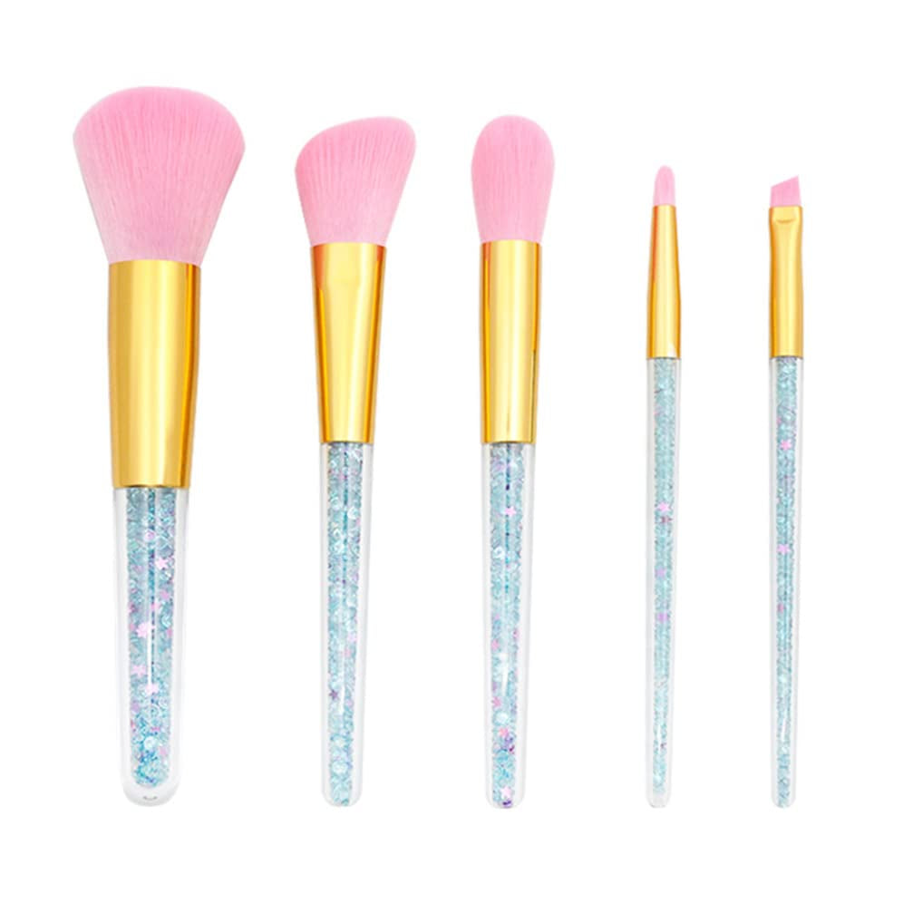Nova Glam Essentials 5-Piece Makeup Brush Set - Transparent Handle with Shimmer Particles for Foundation, Blush & Eyeshadow 