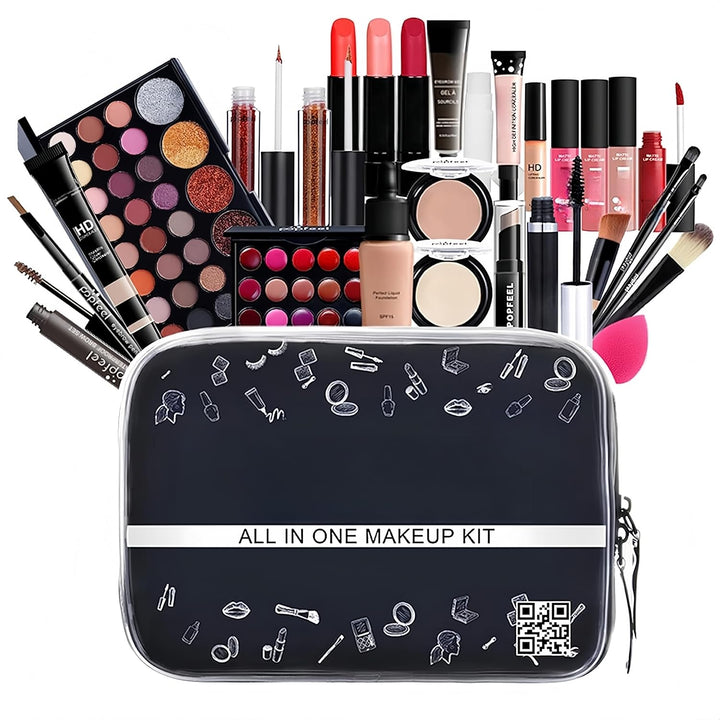Comprehensive 27-Piece Makeup Kit for Women Featuring Eyebrow Pencil, Eyeliner, Eyeshadow, Mascara, Foundation, Concealer, Lip Gloss, Lipstick, and Brushes (Mkit-04)