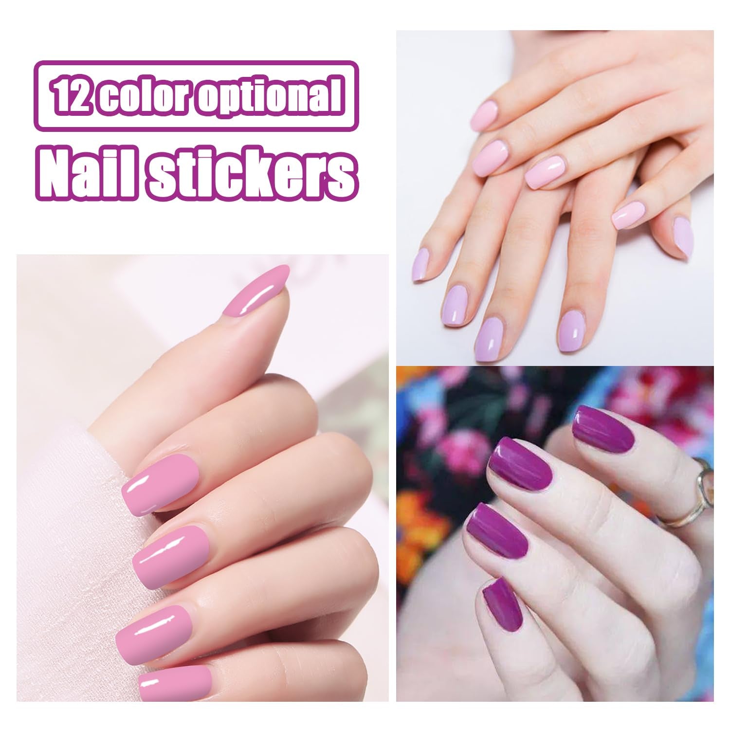 12 Sheets Pink Series Nail Stickers Full Nail Wraps for Women Girls Solid Nail Stickers Decals Gel Nail Strips for Women Girls Stick on Nails Polish Stickers Gel Nail Stickers Strips