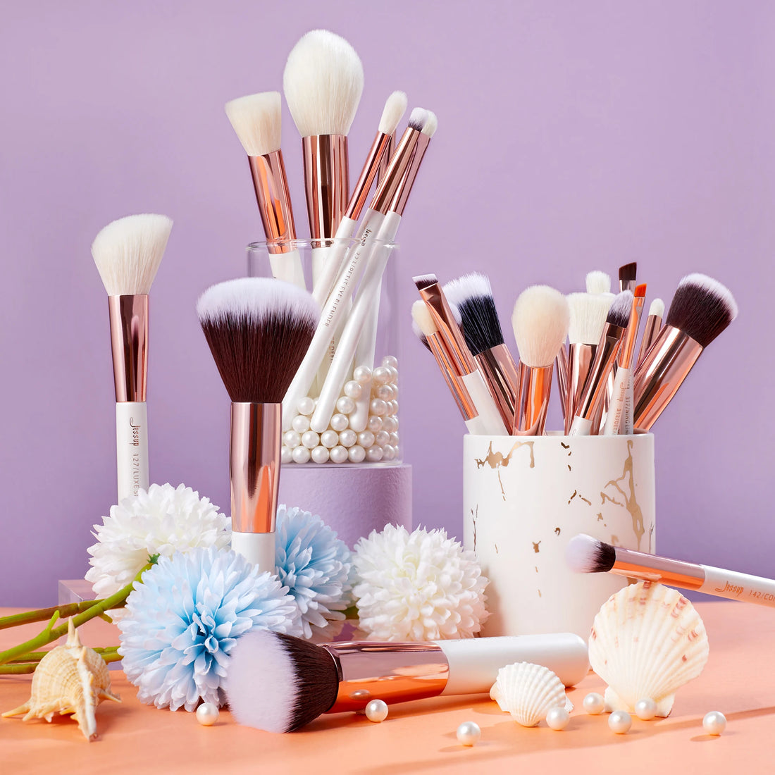 Nova Glam Essentials 25-Piece Luxury Brush Set – Rose Gold Ferrules & Pearl-White Handles