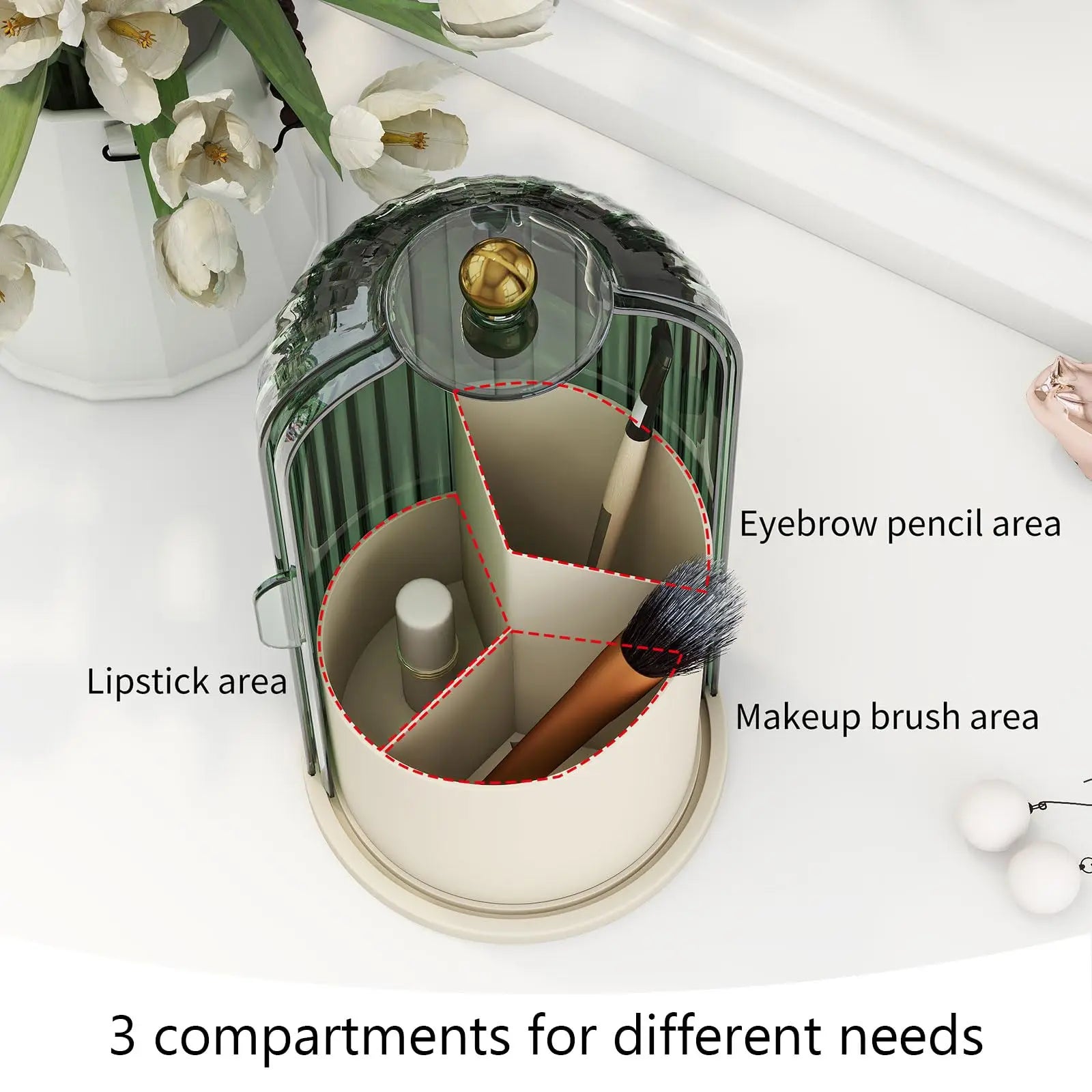 Nova Glam Essentials 360° rotating makeup brush organizer with dustproof lid on a vanity