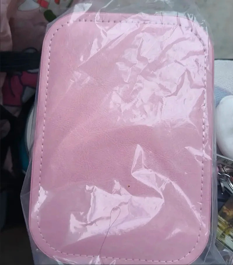 Portable LED Lighted Makeup Mirror Box - USB Rechargeable, Foldable Travel Cosmetic Organizer, Pink Faux Leather Design, Compact
