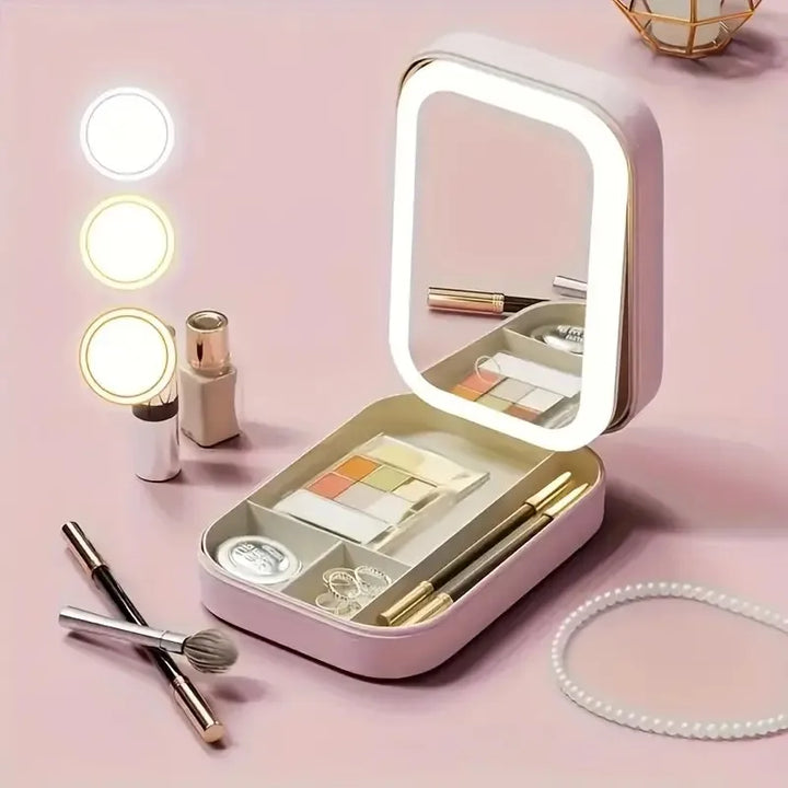 Portable LED Lighted Makeup Mirror Box - USB Rechargeable, Foldable Travel Cosmetic Organizer, Pink Faux Leather Design, Compact
