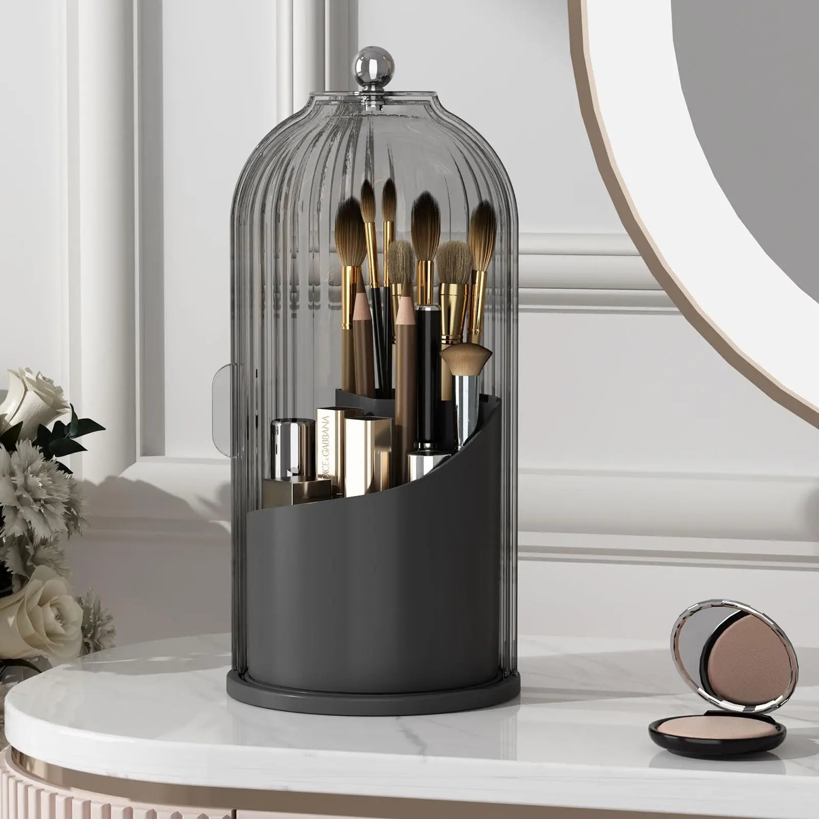 Nova Glam Essentials 360° rotating makeup brush organizer with dustproof lid on a vanity