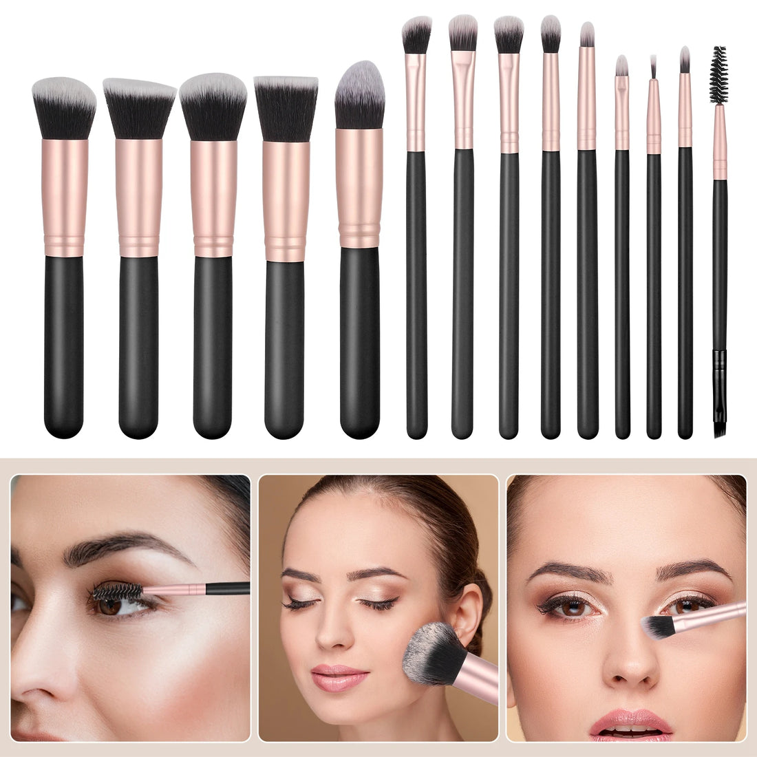 Nova Glam Essentials 14-Piece Professional Makeup Brush Set with PU Leather Holder - Vegan Synthetic Brushes for Full Face & Eyes