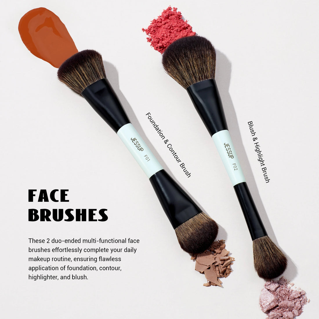 Nova Glam Essentials Double-Sided Brush Set – Bright Cyan Vegan Brushes for Multi-Use Makeup
