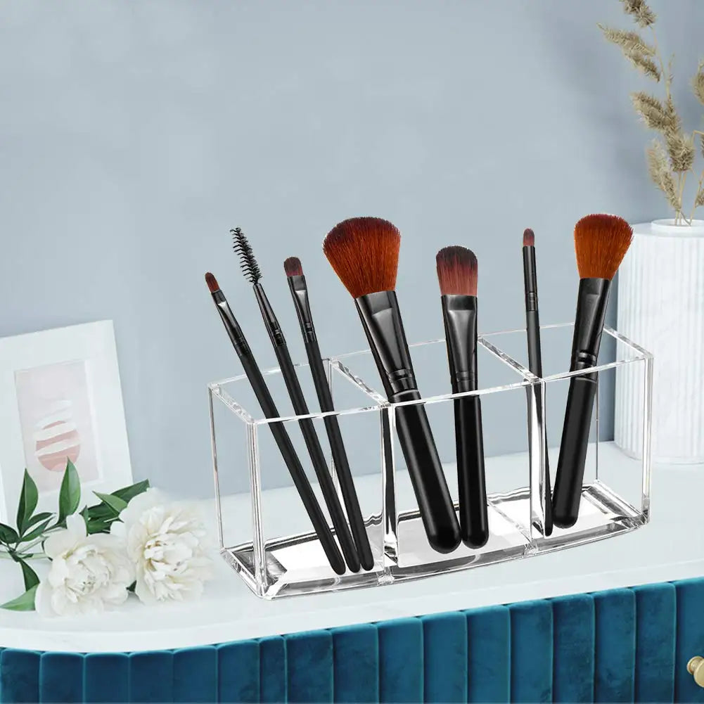 Nova Glam Essentials Clear Makeup Brush Organizer holding 20+ brushes in 3 slots