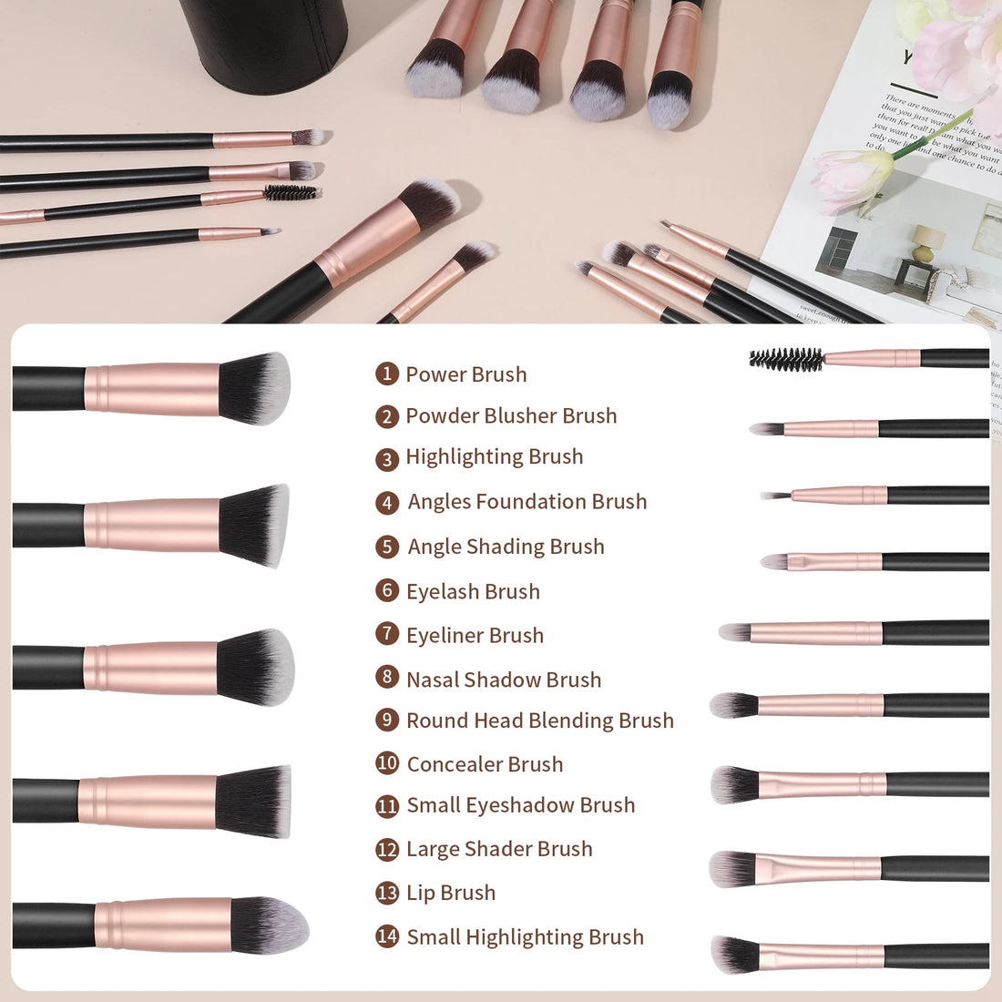 Nova Glam Essentials 14-Piece Professional Makeup Brush Set with PU Leather Holder - Vegan Synthetic Brushes for Full Face & Eyes