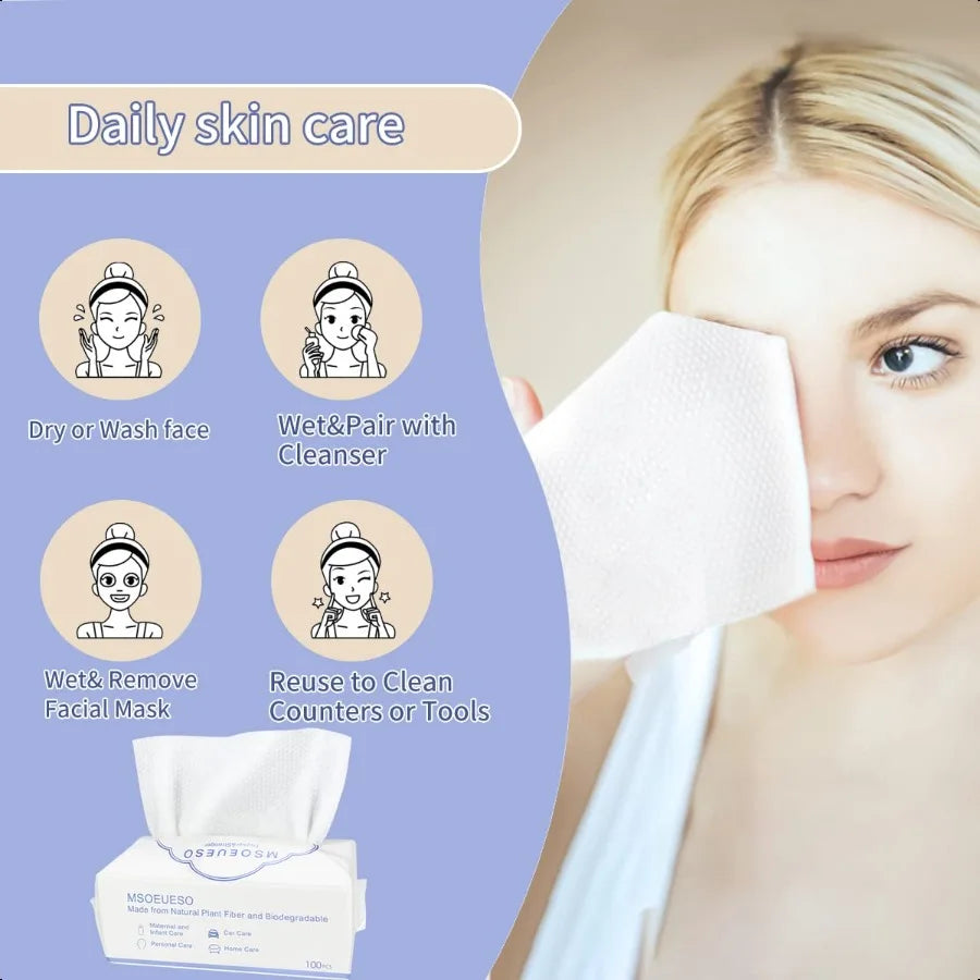 Nova Glam Essentials 100% Cotton Disposable Face Towels – Biodegradable Ultra-Soft Facial Tissues for Makeup Removal & Skincare