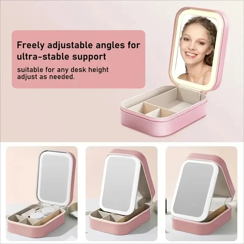 Portable LED Lighted Makeup Mirror Box - USB Rechargeable, Foldable Travel Cosmetic Organizer, Pink Faux Leather Design, Compact
