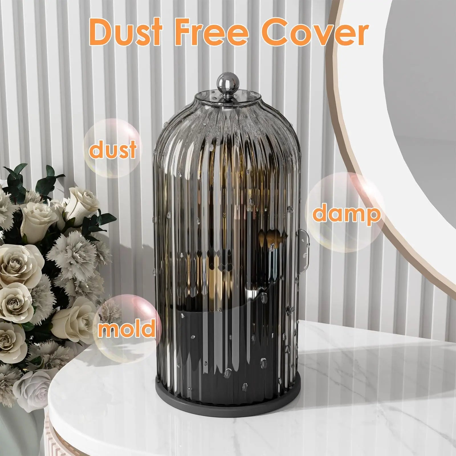 Nova Glam Essentials 360° rotating makeup brush organizer with dustproof lid on a vanity