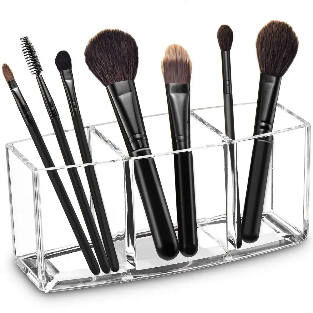 Nova Glam Essentials Clear Makeup Brush Organizer holding 20+ brushes in 3 slots
