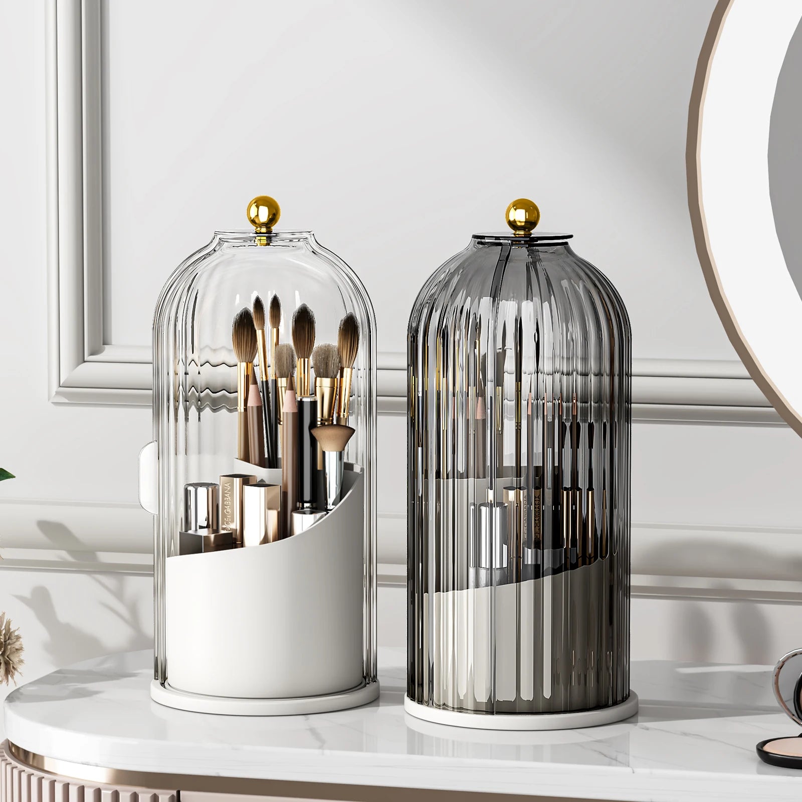 Nova Glam Essentials 360° rotating makeup brush organizer with dustproof lid on a vanity
