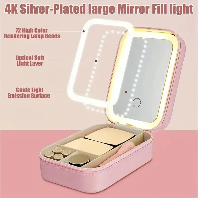 Portable LED Lighted Makeup Mirror Box - USB Rechargeable, Foldable Travel Cosmetic Organizer, Pink Faux Leather Design, Compact