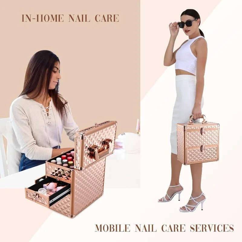 Nova Glam Essentials Rose Gold Professional Makeup Train Case - XL Lockable Organizer with Mirror, Drawers & Custom Dividers for Cosmetologists