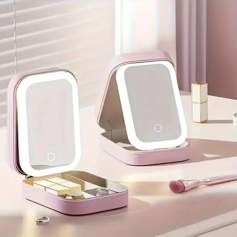 Portable LED Lighted Makeup Mirror Box - USB Rechargeable, Foldable Travel Cosmetic Organizer, Pink Faux Leather Design, Compact