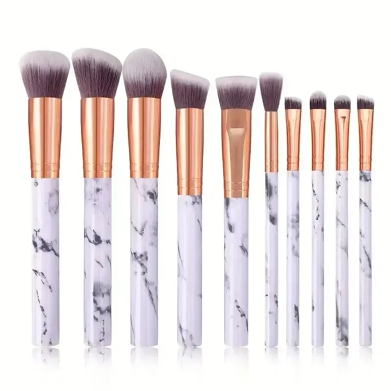Nova Glam Essentials 10-Piece Marble Brush Set – Vegan Synthetic Kabuki & Eyeshadow Brushes