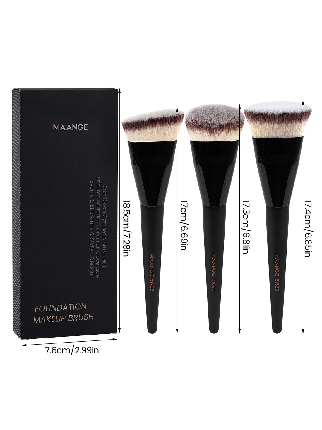 Nova Glam Essentials 3-Piece Makeup Brush Set – Angled, Round & Flat Foundation Brushes