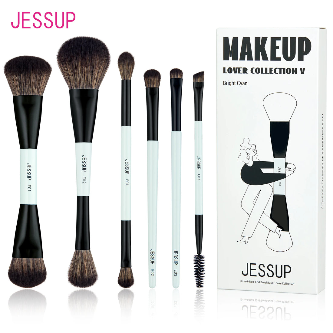 Nova Glam Essentials Double-Sided Brush Set – Bright Cyan Vegan Brushes for Multi-Use Makeup