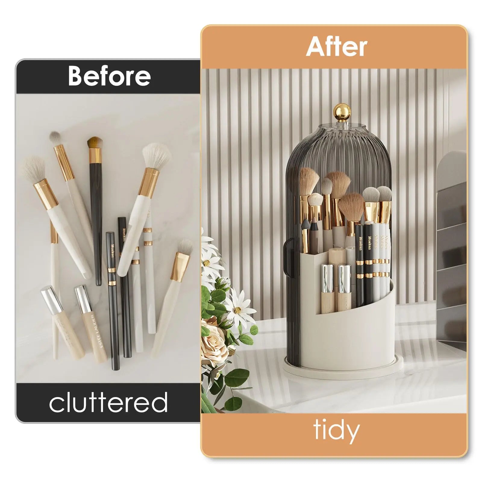 Nova Glam Essentials 360° rotating makeup brush organizer with dustproof lid on a vanity