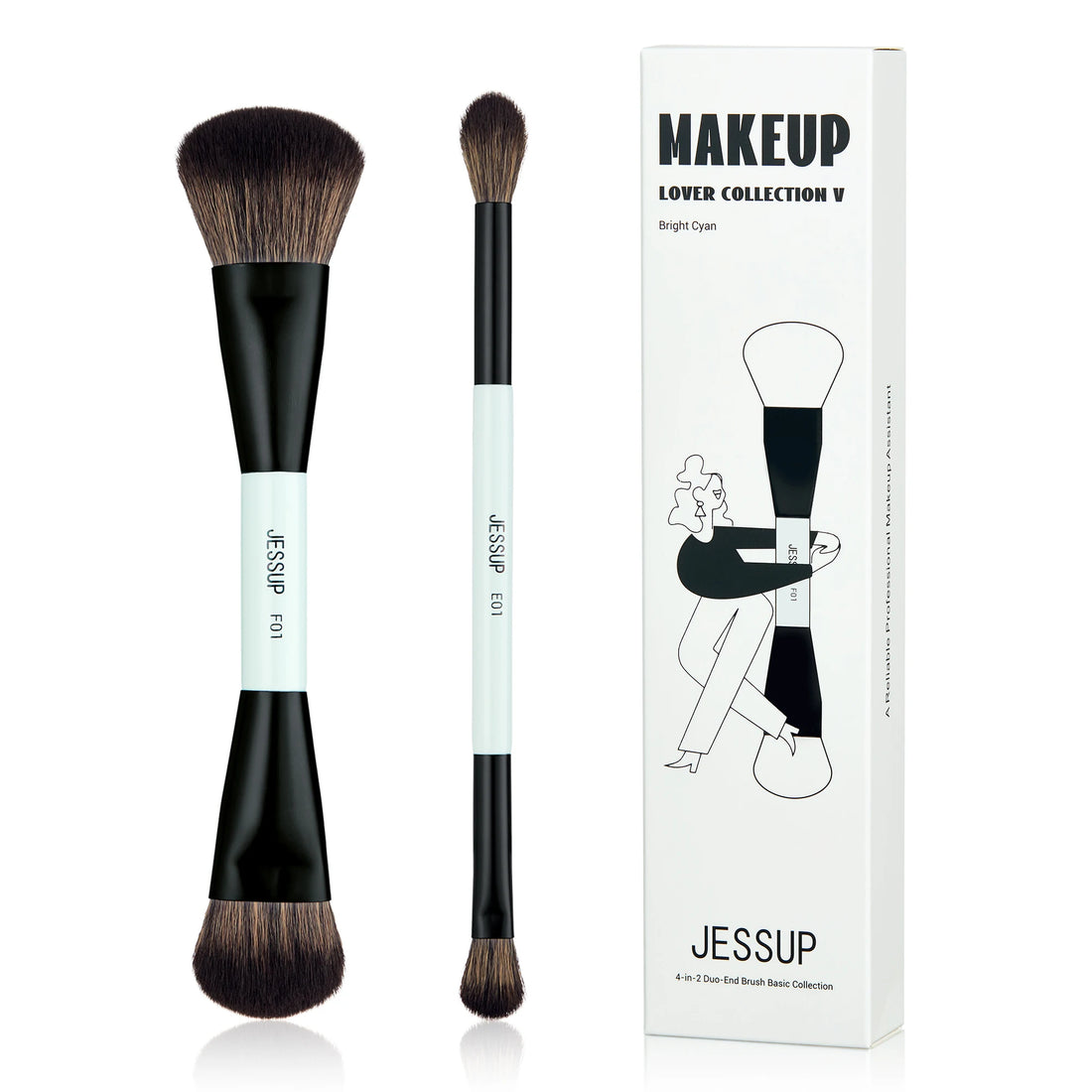 Nova Glam Essentials Double-Sided Brush Set – Bright Cyan Vegan Brushes for Multi-Use Makeup