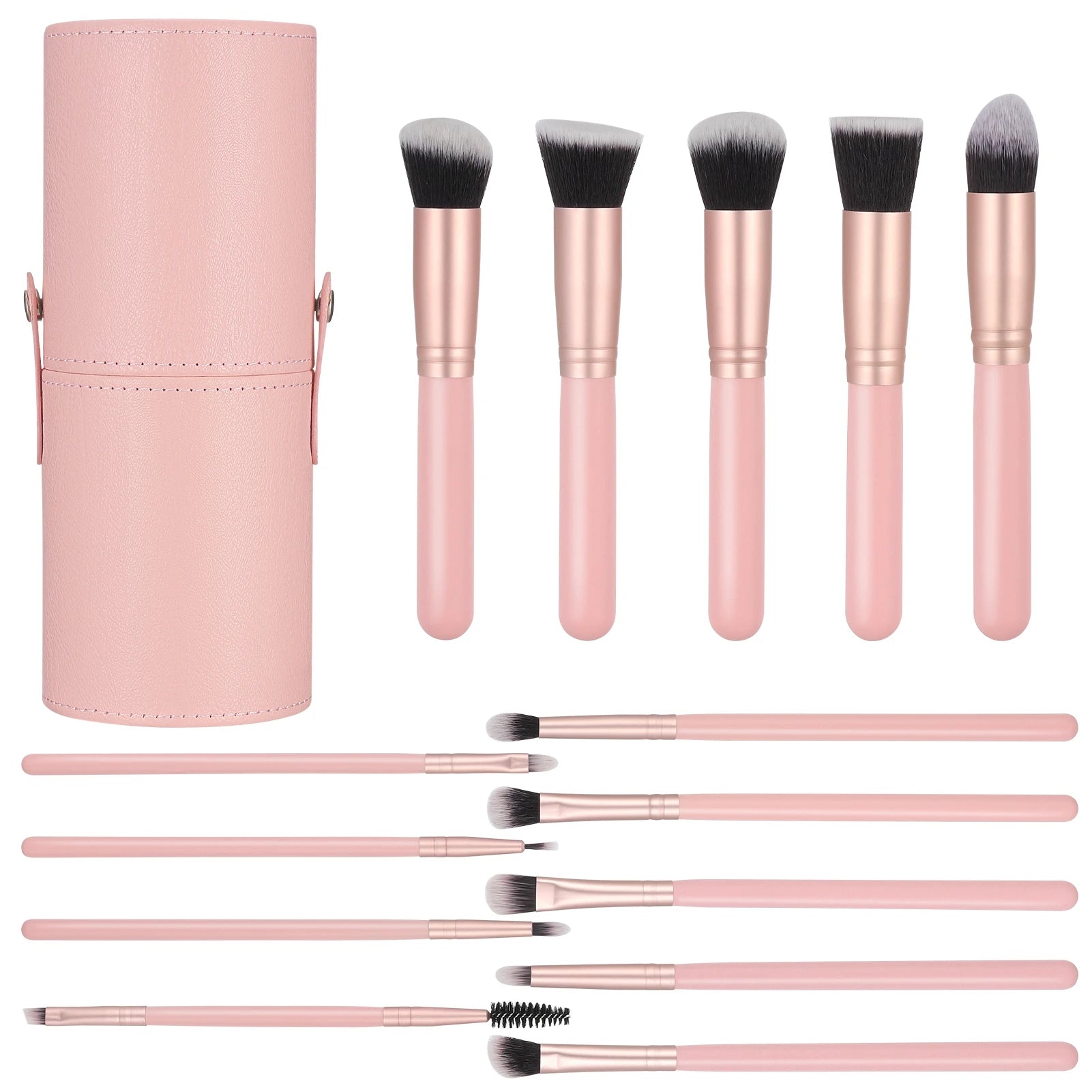 Nova Glam Essentials 14-Piece Professional Makeup Brush Set with PU Leather Holder - Vegan Synthetic Brushes for Full Face & Eyes