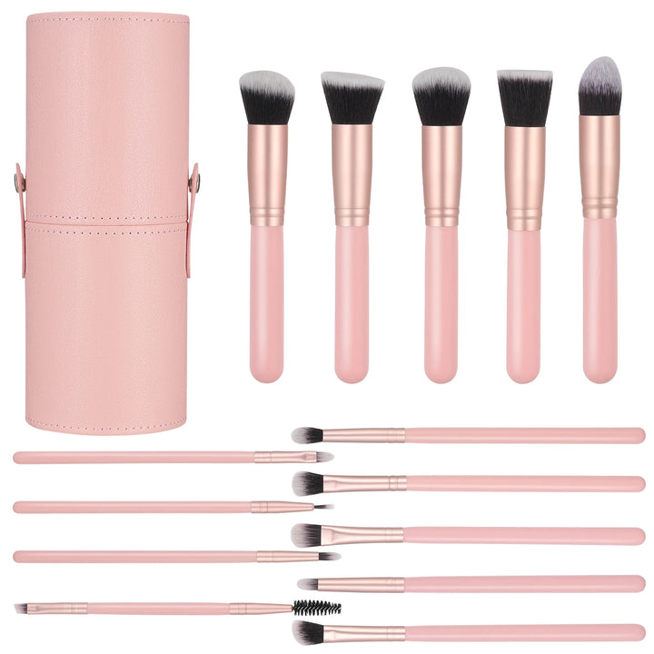 Nova Glam Essentials 14-Piece Professional Makeup Brush Set with PU Leather Holder - Vegan Synthetic Brushes for Full Face & Eyes