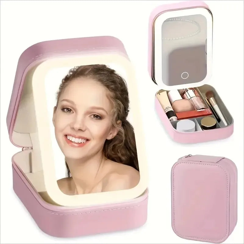 Portable LED Lighted Makeup Mirror Box - USB Rechargeable, Foldable Travel Cosmetic Organizer, Pink Faux Leather Design, Compact