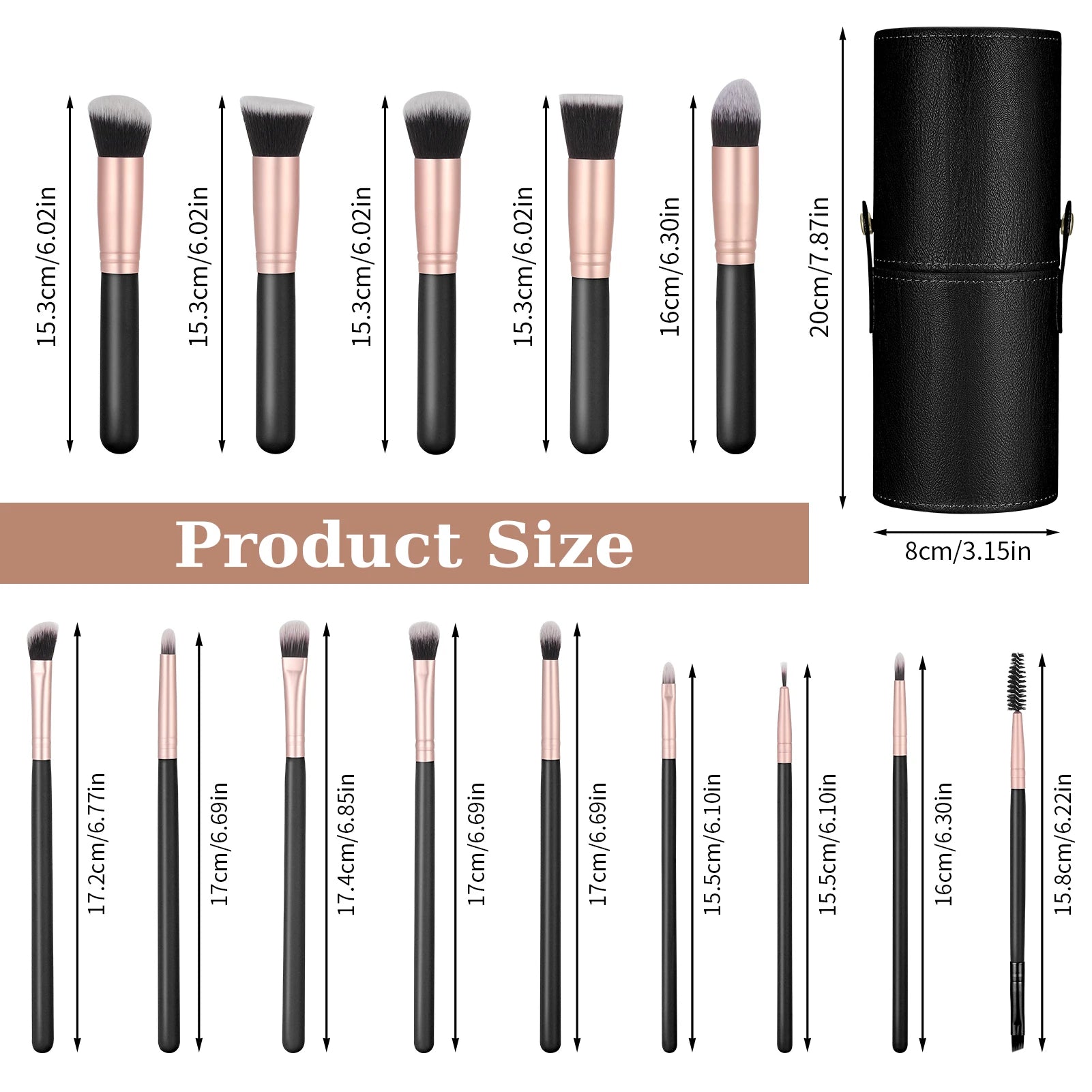 Nova Glam Essentials 14-Piece Professional Makeup Brush Set with PU Leather Holder - Vegan Synthetic Brushes for Full Face & Eyes