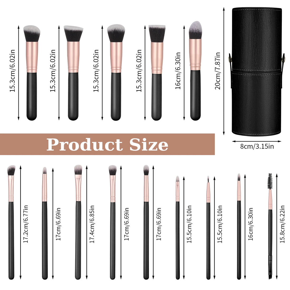 Nova Glam Essentials 14-Piece Professional Makeup Brush Set with PU Leather Holder - Vegan Synthetic Brushes for Full Face & Eyes