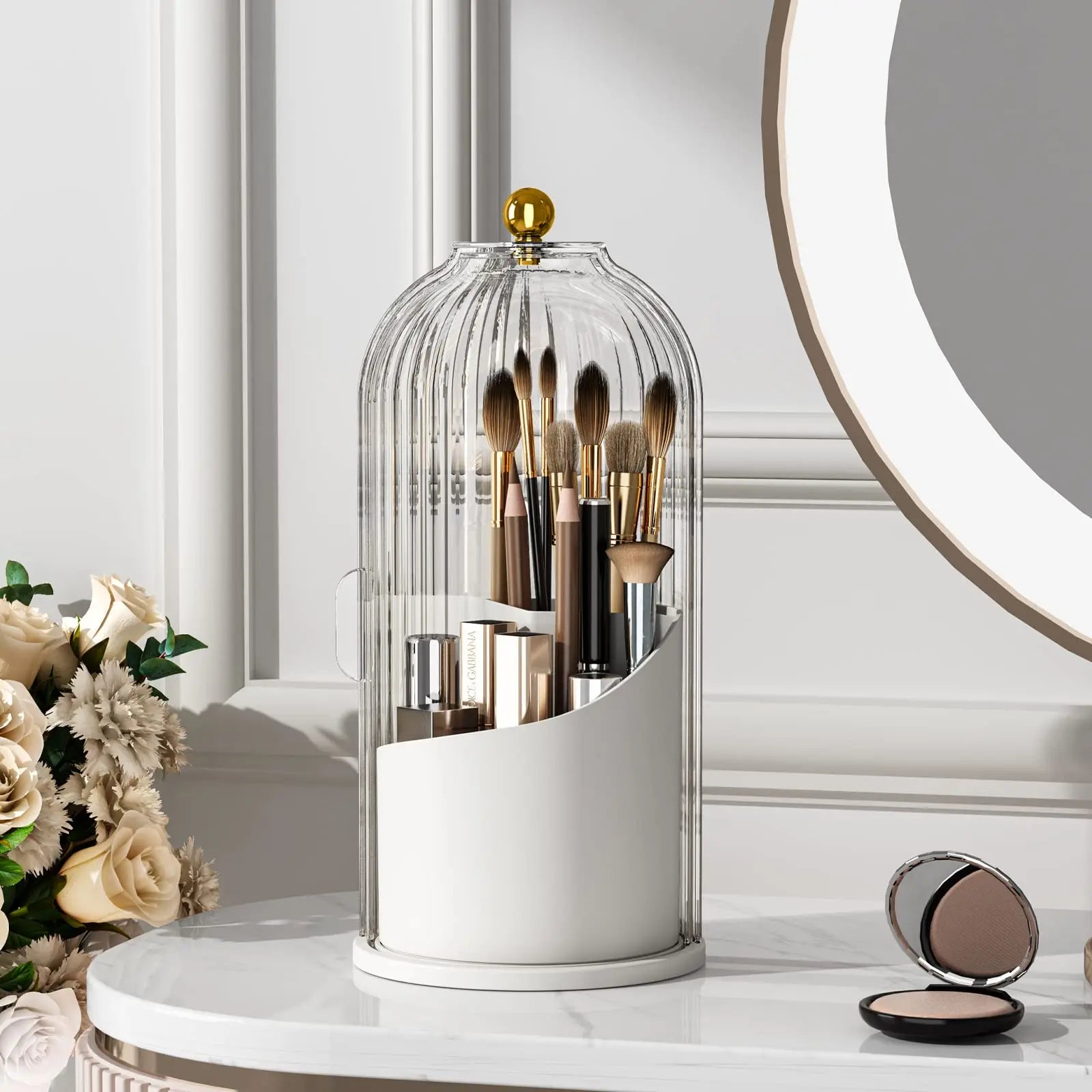 Nova Glam Essentials 360° rotating makeup brush organizer with dustproof lid on a vanity